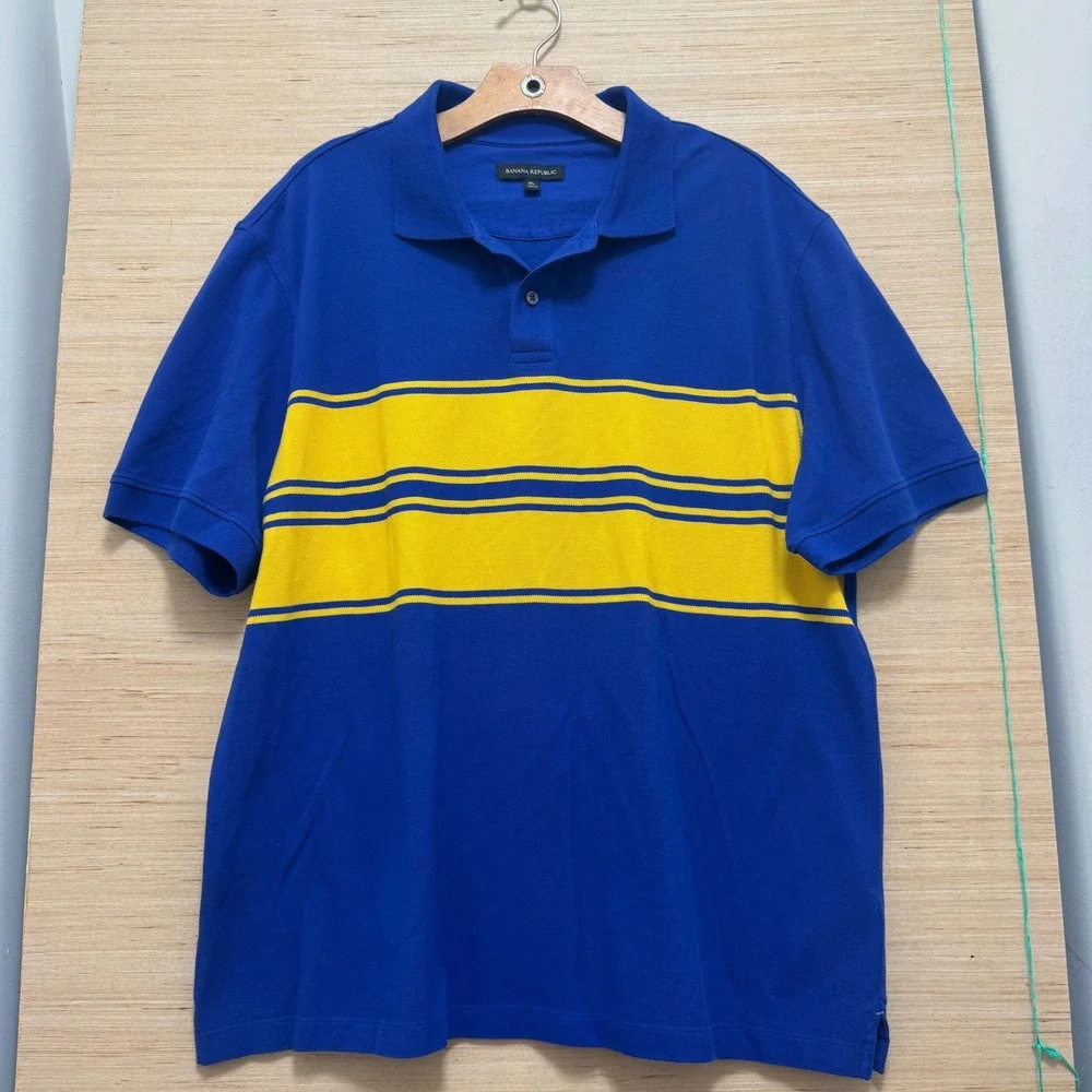 Banana‎ Republic Mens XL Blue Yellow Striped Short Sleeve Pique Polo Shirt